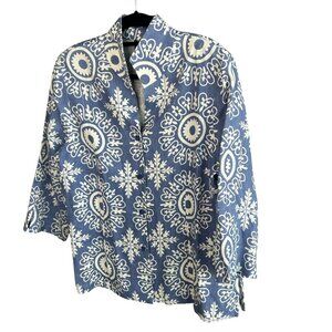 Connie Roberson Cornflower Blue White 100% Linen Knot Buttons Top Jacket Size XL